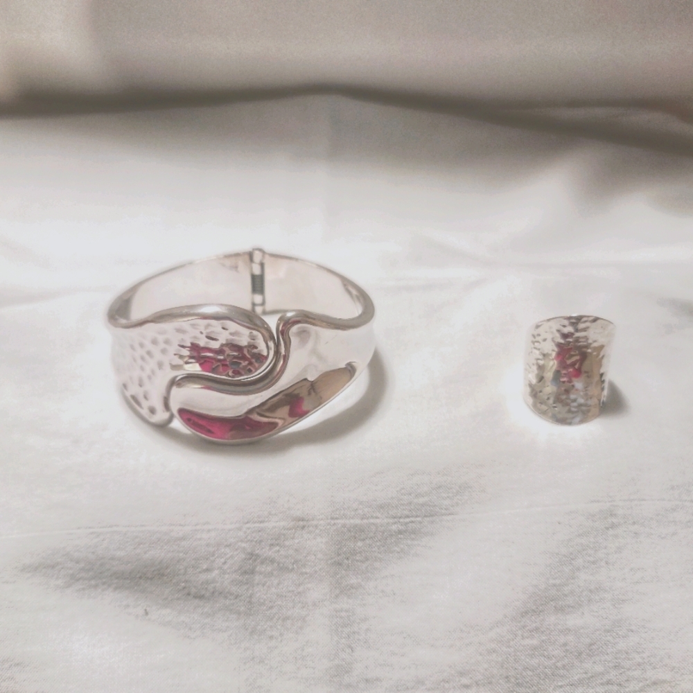Solid .925 SS Hammered Cuff Bracelet & Ring